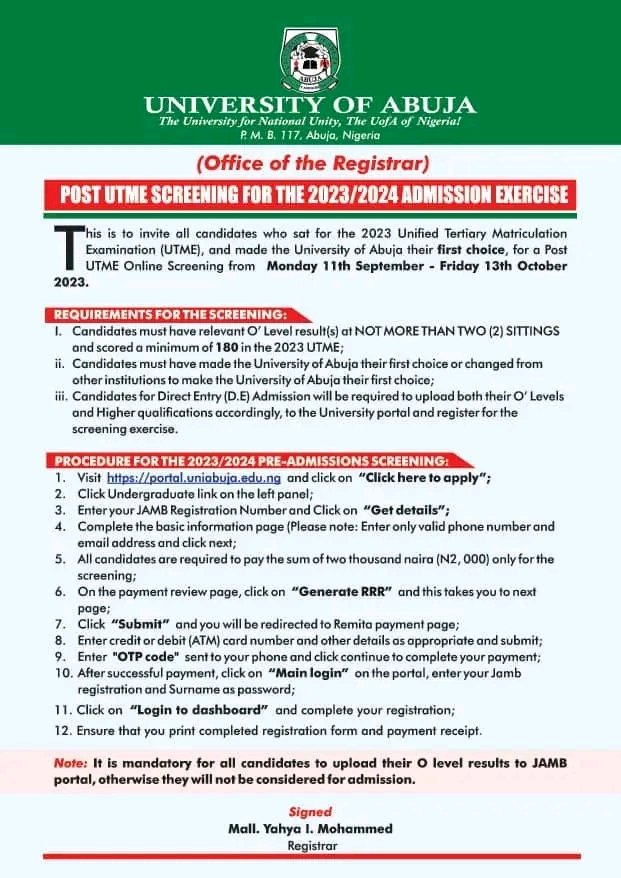 UNIABUJA Announces sales of her Post-UTME/DE 2023 form: cut-off mark, eligibility and registration details