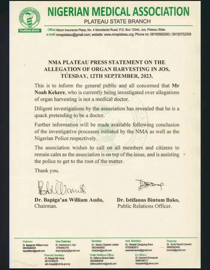 Alleged Organ harvesting: Noah Kekere is not a doctor, Plateau NMA declares