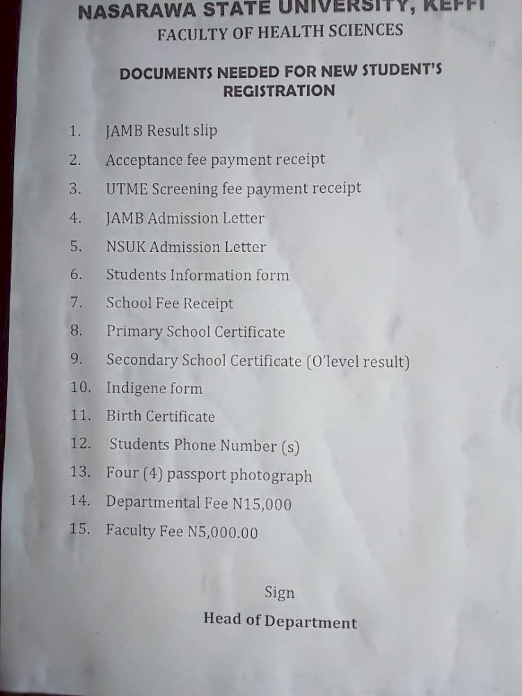 JUST-IN:NSUK UPDATE -FACULTY OF HEALTH SCIENCES RELEASES REGISTRATION'S REQUIREMENTS FOR NEW INTAKES