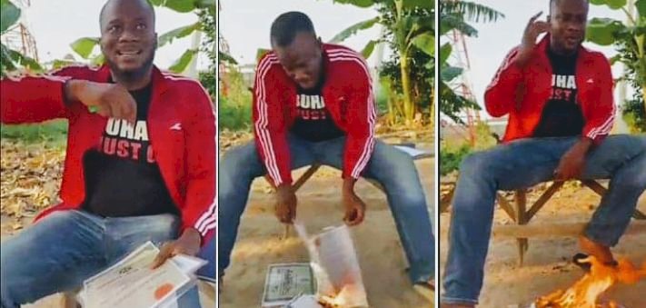 JUST-IN:Nigerian Graduate burns all his schools certificate's after 13yrs of no job