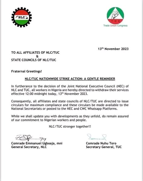 BREAKING:Strike looms in universities, poly's and college's,as NLC writes to ASUU,ASUP, other's to withdraw service as from 12midnight
