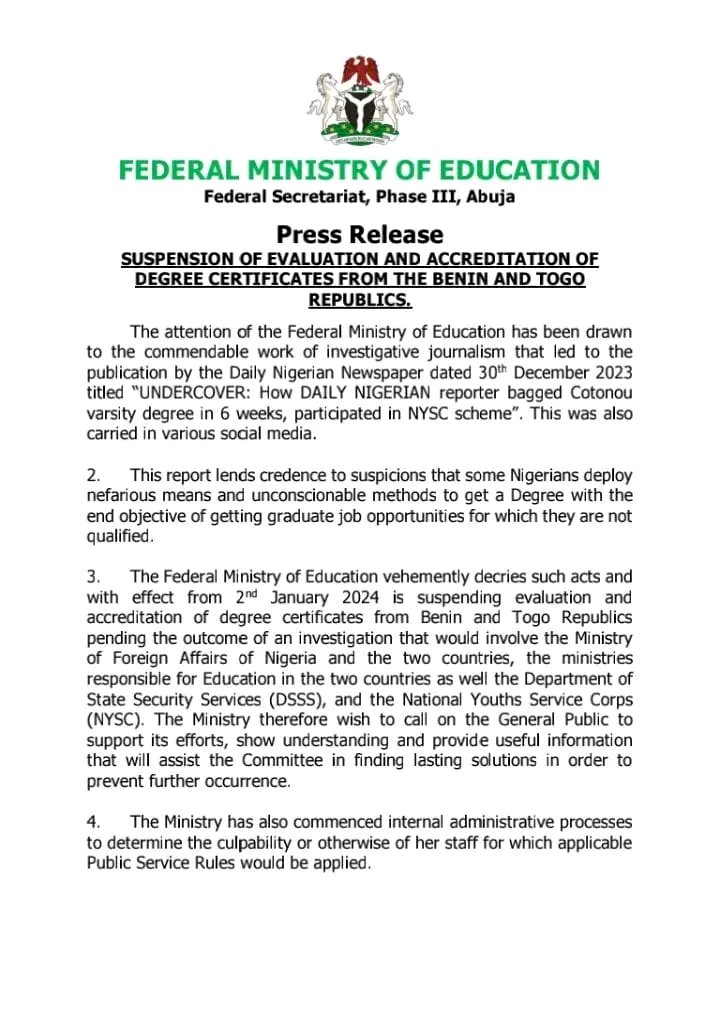 JUST-IN:FG sets to extend sanction to Uganda, Kenya, others,Hours after suspending accreditation of degree certificates from Benin Republic, Togo