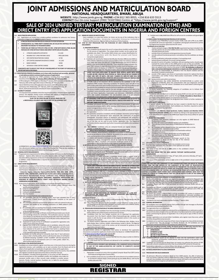 JAMB BEGINS SELLS OF E-PIN FOR 2024 UTME