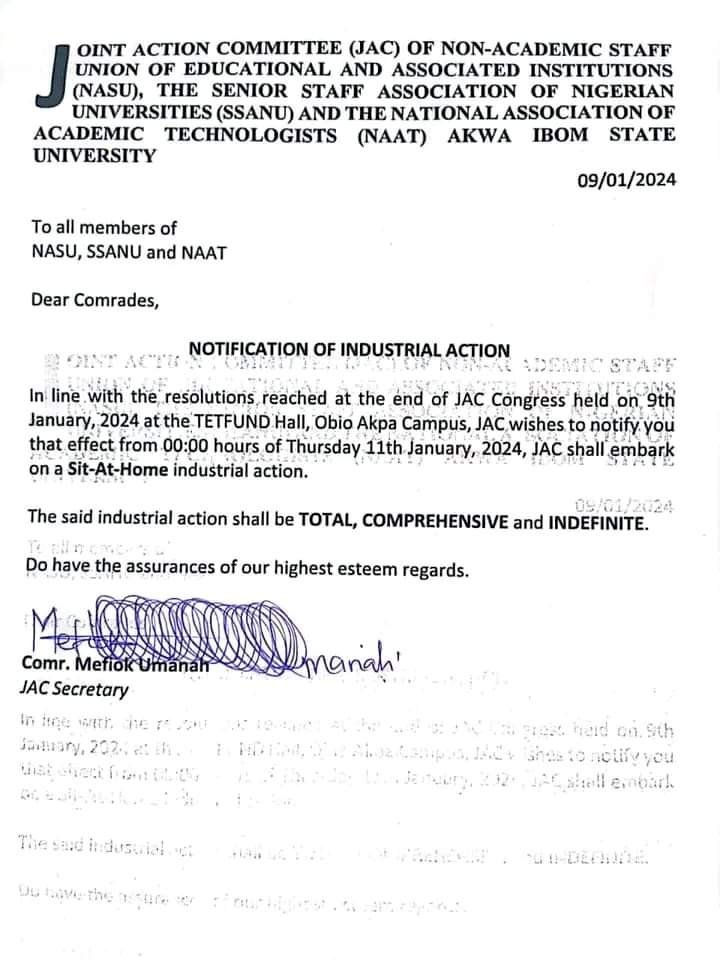 BREAKING:Strike --STATE VARSITY NON ACADEMIC STAFF'S UNION'S SET TO EMBARK ON INDEFINITE STRIKE ACTION