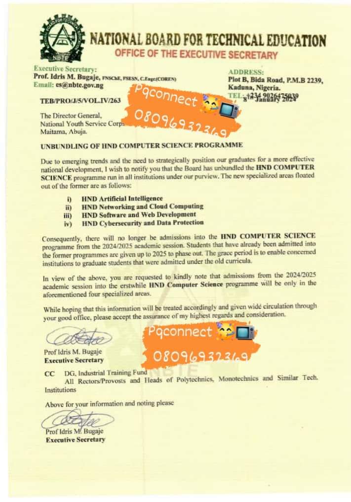 National Board for technical education(NBTE) Stops HND of computer science programme in polytenics and monotecnics