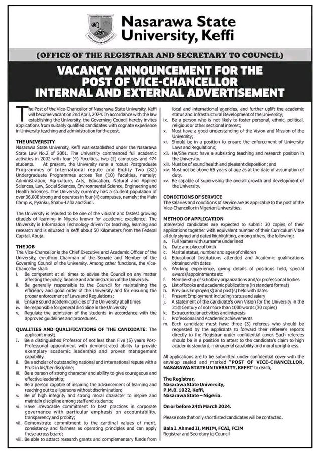 BREAKING:NSUK Announces Vacancy For The Post Of Vice-Chancellor.