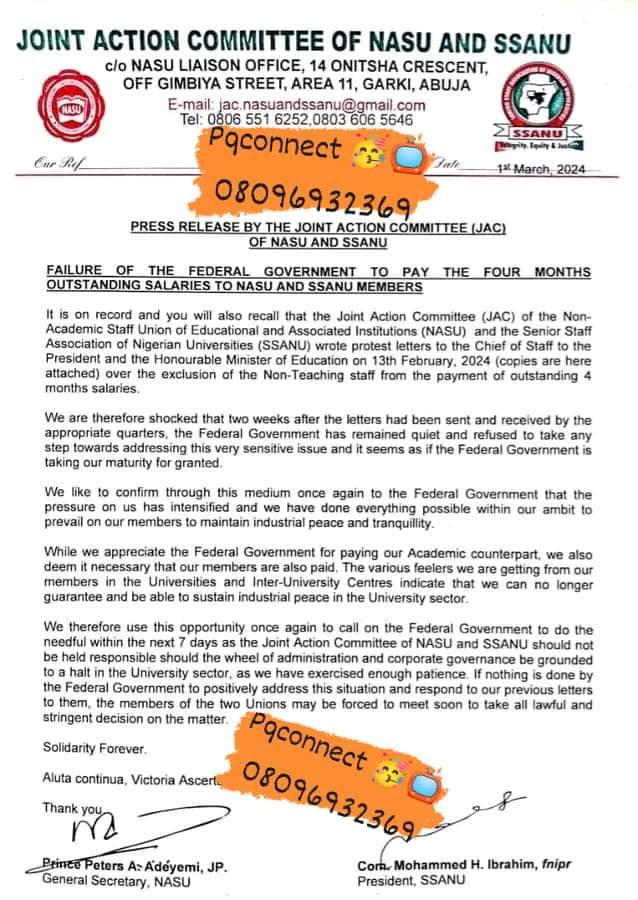 BREAKING: STRIKE UPDATE: VARSITY NON ACADEMIC STAFF'S GIVES FG 7days ULTIMATUM.